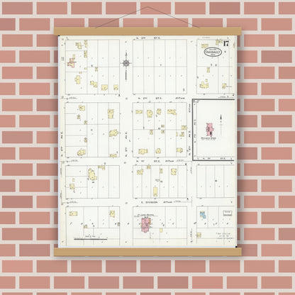 Old map wall art mockup — magnetic wood frame on brick wall — Sanborn Fire Insurance Map from Faribault, Rice County, Minnesota (1914), Sheet #0017