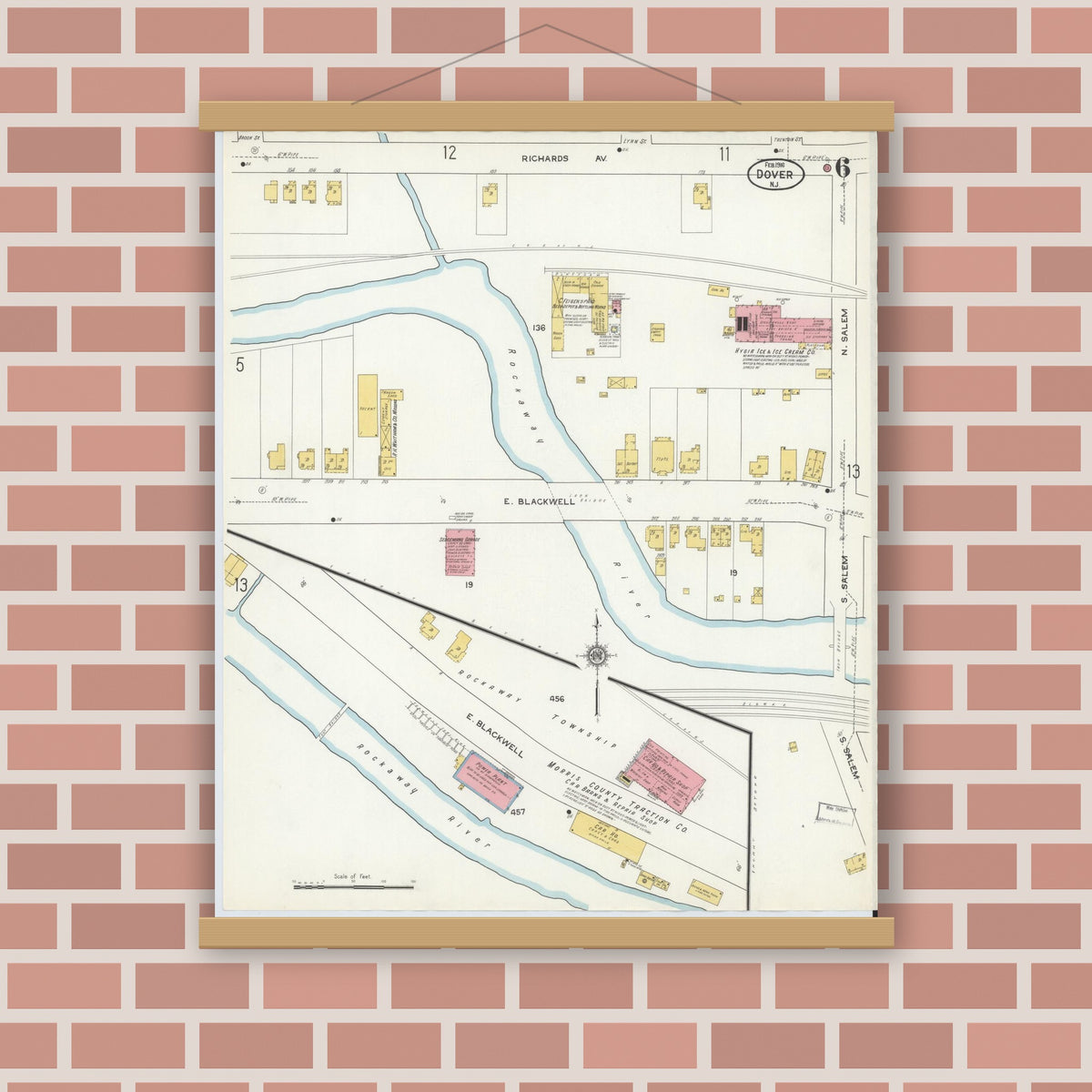 Old map wall art mockup — magnetic wood frame on brick wall — Sanborn Fire Insurance Map from Dover, Morris County, New Jersey (1916), Sheet #0006