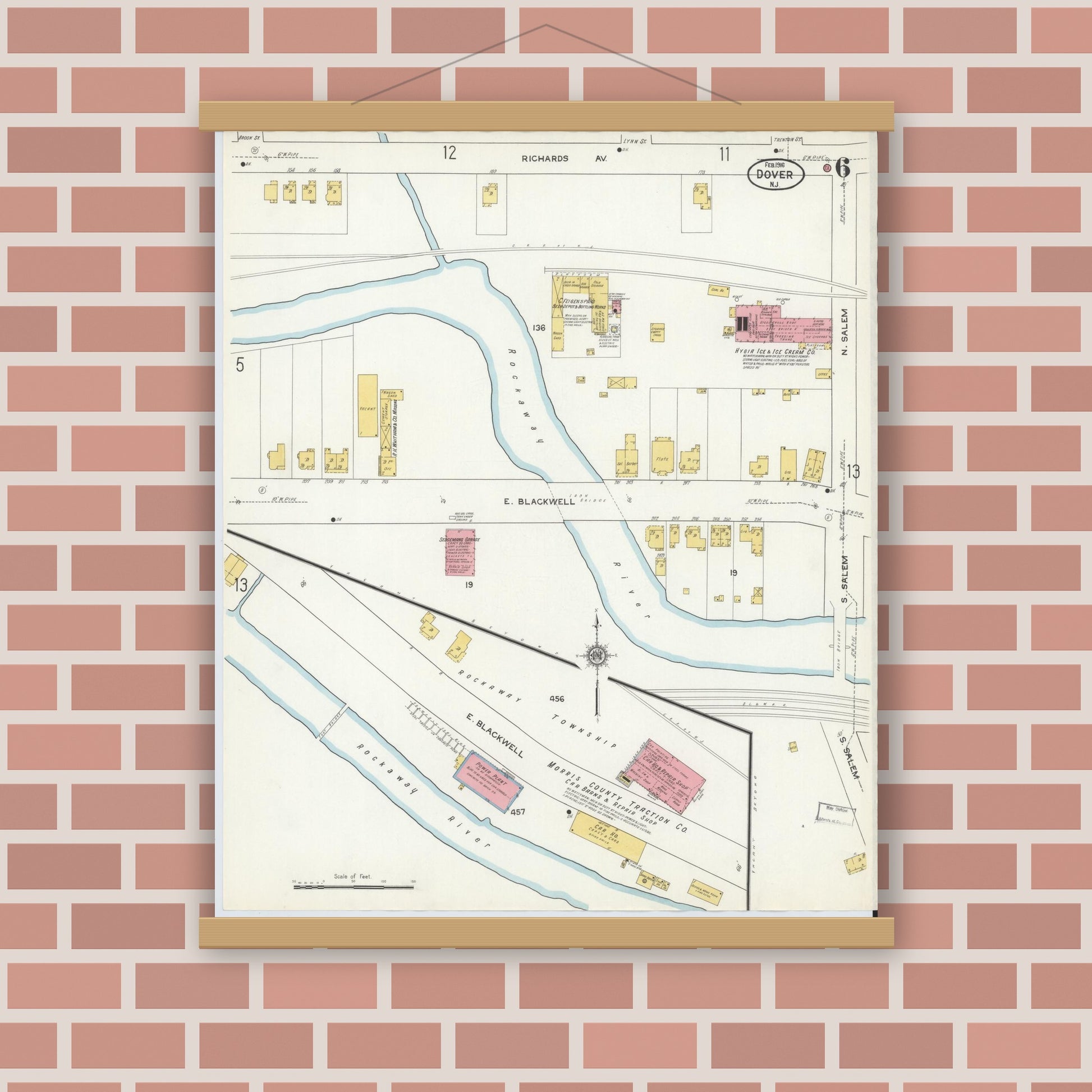 Old map wall art mockup — magnetic wood frame on brick wall — Sanborn Fire Insurance Map from Dover, Morris County, New Jersey (1916), Sheet #0006