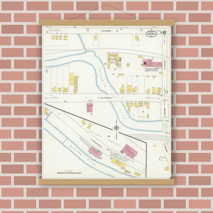 Old map wall art mockup — magnetic wood frame on brick wall — Sanborn Fire Insurance Map from Dover, Morris County, New Jersey (1916), Sheet #0006