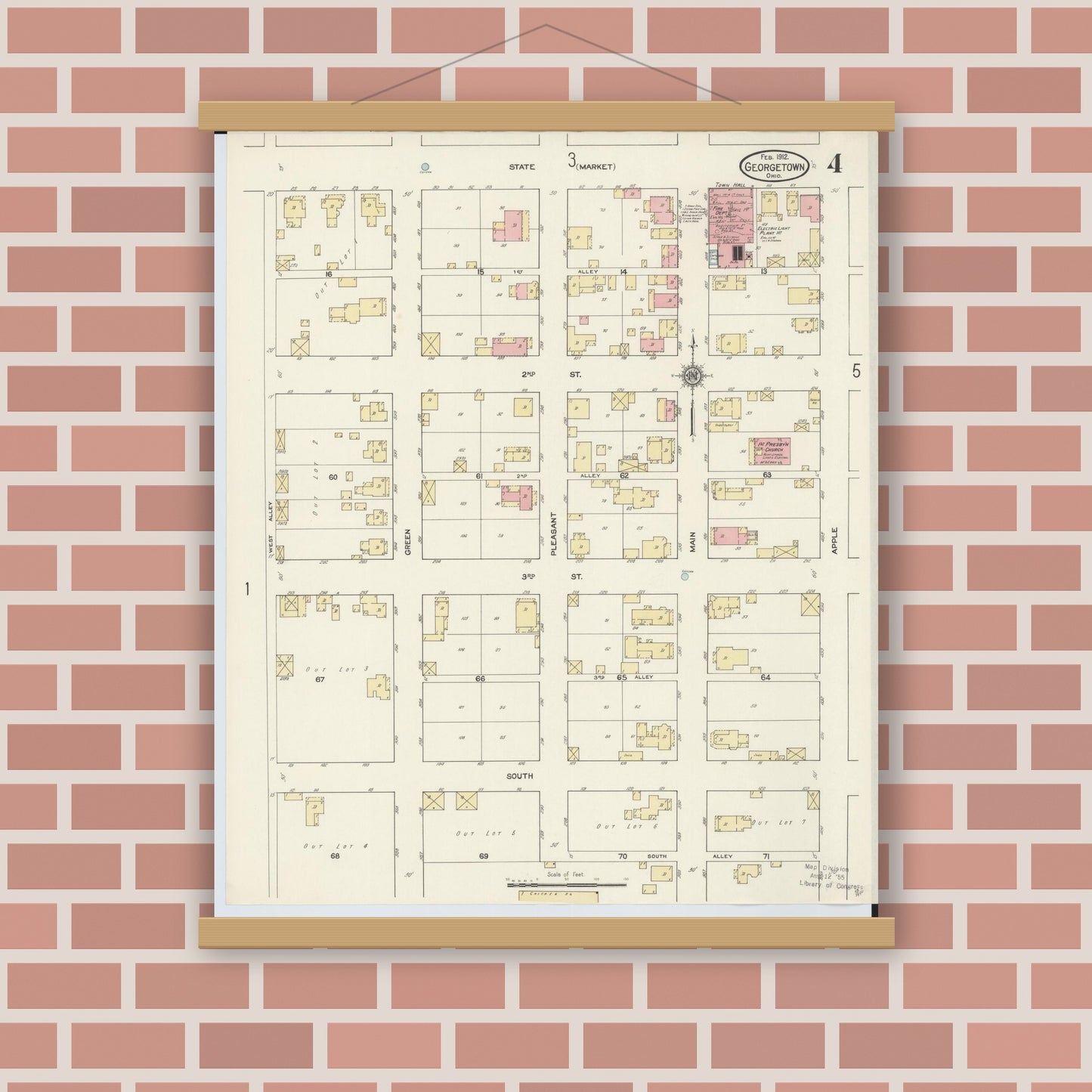 Old map wall art mockup — magnetic wood frame on brick wall — Sanborn Fire Insurance Map from Georgetown, Brown County, Ohio (1912), Sheet #0004
