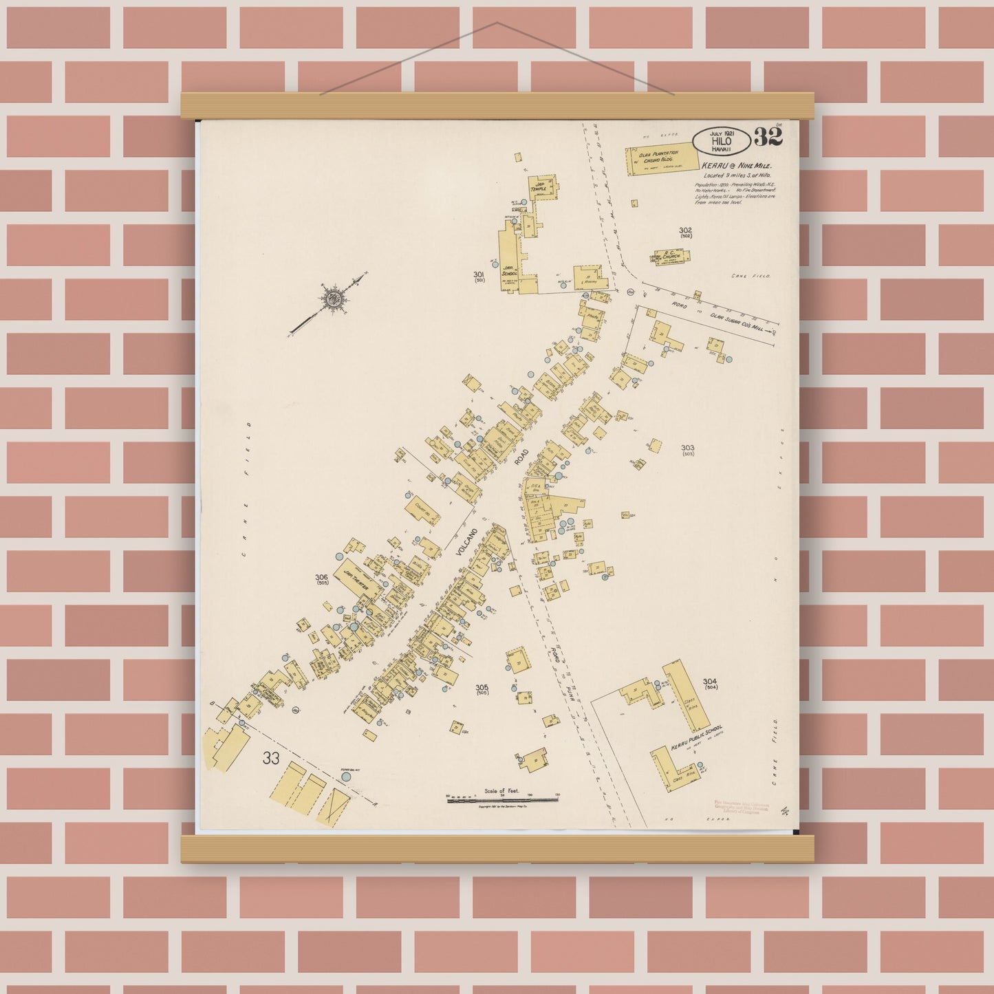 Old map wall art mockup — magnetic wood frame on brick wall — Sanborn Fire Insurance Map from Hilo, Hawaii County, Hawaii (1921), Sheet #0032