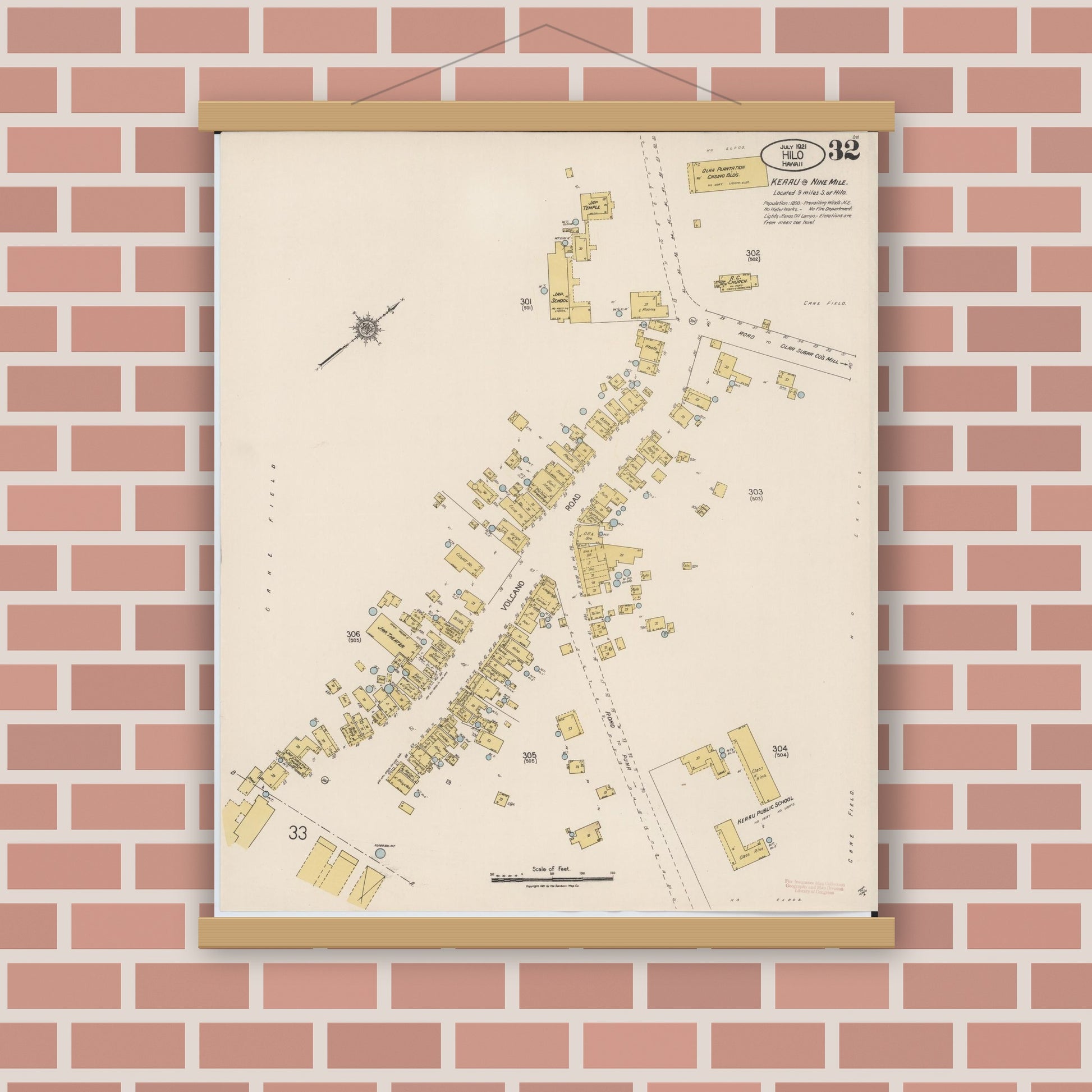 Old map wall art mockup — magnetic wood frame on brick wall — Sanborn Fire Insurance Map from Hilo, Hawaii County, Hawaii (1921), Sheet #0032