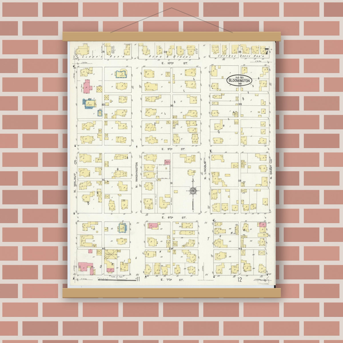 Old map wall art mockup — magnetic wood frame on brick wall — Sanborn Fire Insurance Map from Bloomington, Monroe County, Indiana (1913), Sheet #0007