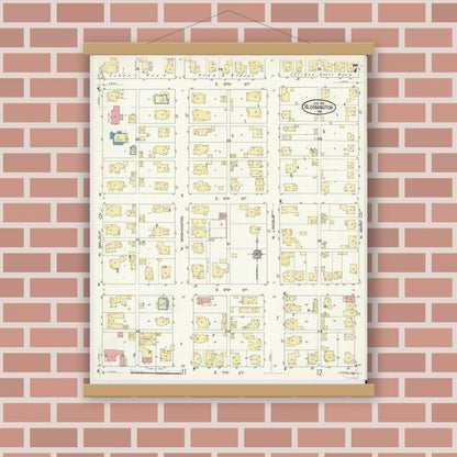 Old map wall art mockup — magnetic wood frame on brick wall — Sanborn Fire Insurance Map from Bloomington, Monroe County, Indiana (1913), Sheet #0007