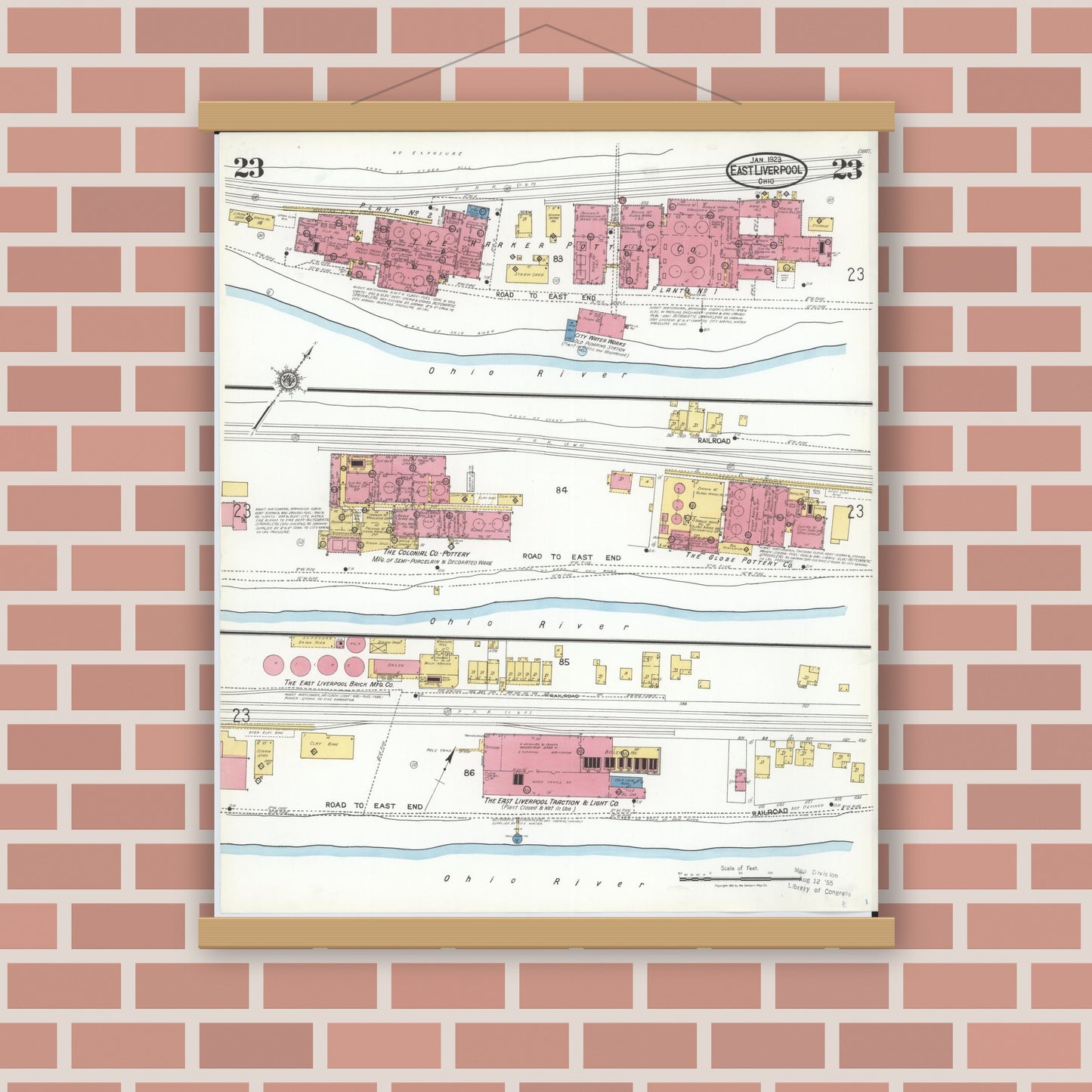 Old map wall art mockup — magnetic wood frame on brick wall — Sanborn Fire Insurance Map from East Liverpool, Columbiana County, Ohio (1923), Sheet #0023