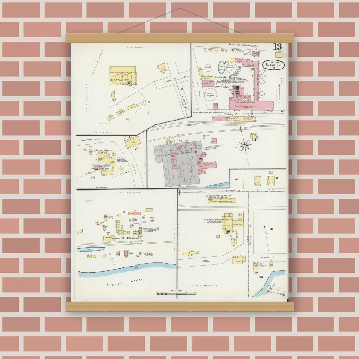 Old map wall art mockup — magnetic wood frame on brick wall — Sanborn Fire Insurance Map from Franklin, Venango County, Pennsylvania (1896), Sheet #0013