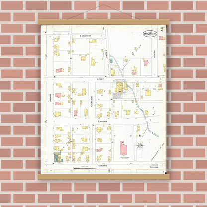 Old map wall art mockup — magnetic wood frame on brick wall — Sanborn Fire Insurance Map from Mount Pleasant, Henry County, Iowa (1899), Sheet #0007