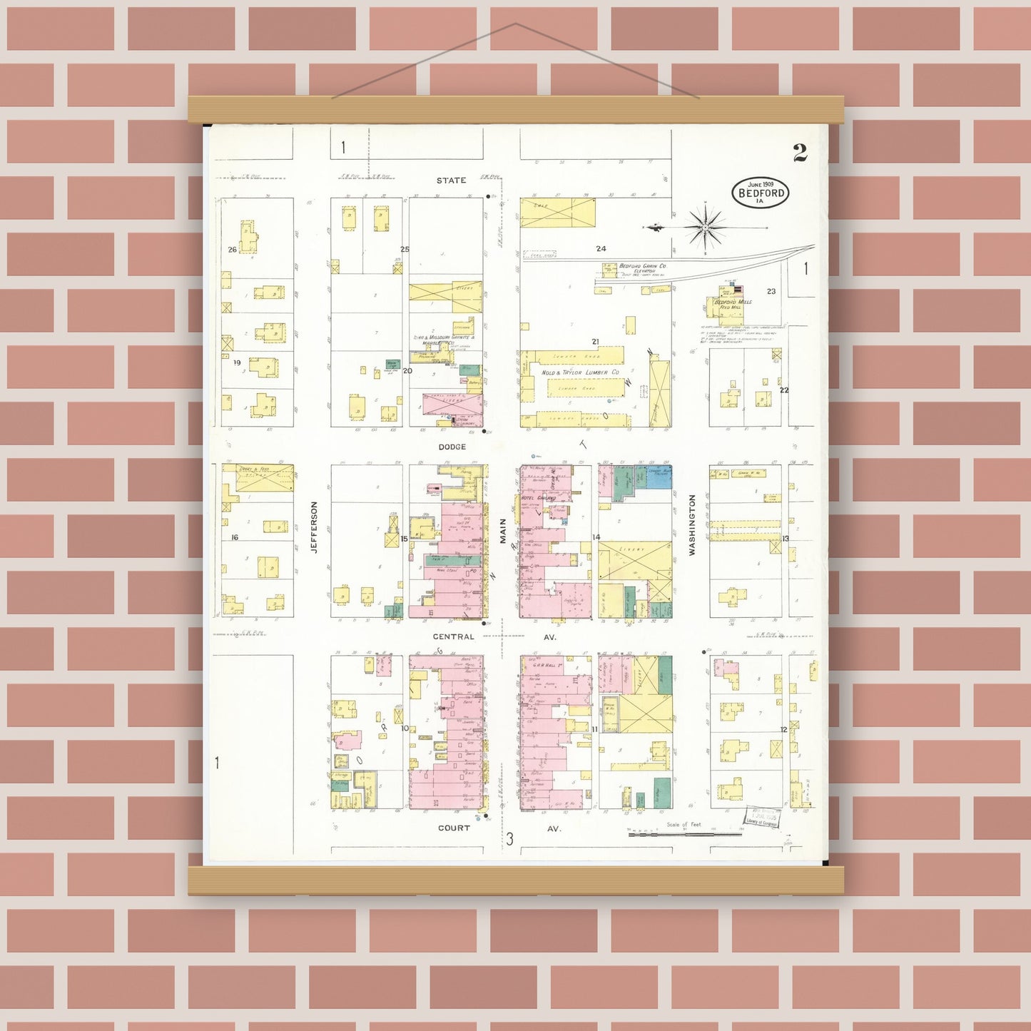 Old map wall art mockup — magnetic wood frame on brick wall — Sanborn Fire Insurance Map from Bedford, Taylor County, Iowa (1909), Sheet #0002