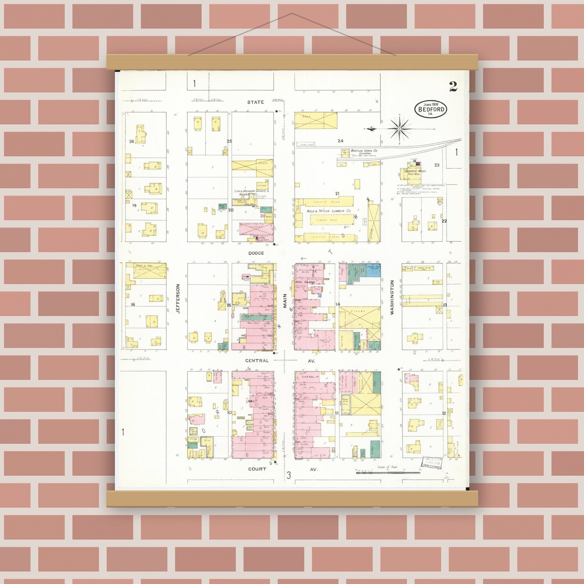 Old map wall art mockup — magnetic wood frame on brick wall — Sanborn Fire Insurance Map from Bedford, Taylor County, Iowa (1909), Sheet #0002