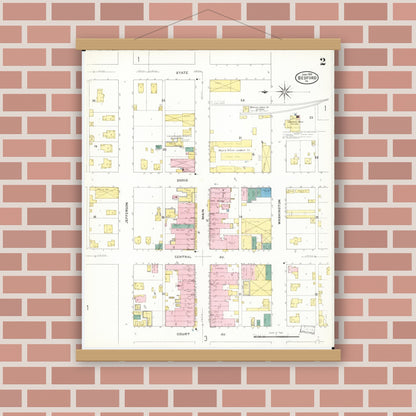 Old map wall art mockup — magnetic wood frame on brick wall — Sanborn Fire Insurance Map from Bedford, Taylor County, Iowa (1909), Sheet #0002