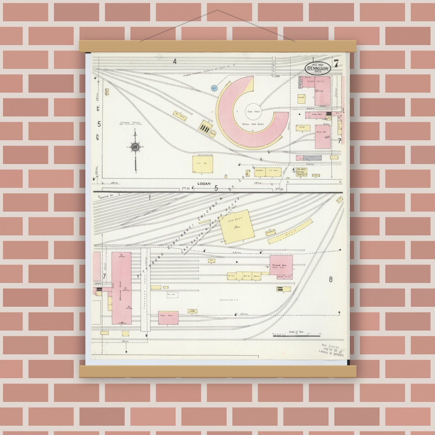 Old map wall art mockup — magnetic wood frame on brick wall — Sanborn Fire Insurance Map from Dennison, Tuscarawas County, Ohio (1909), Sheet #0007