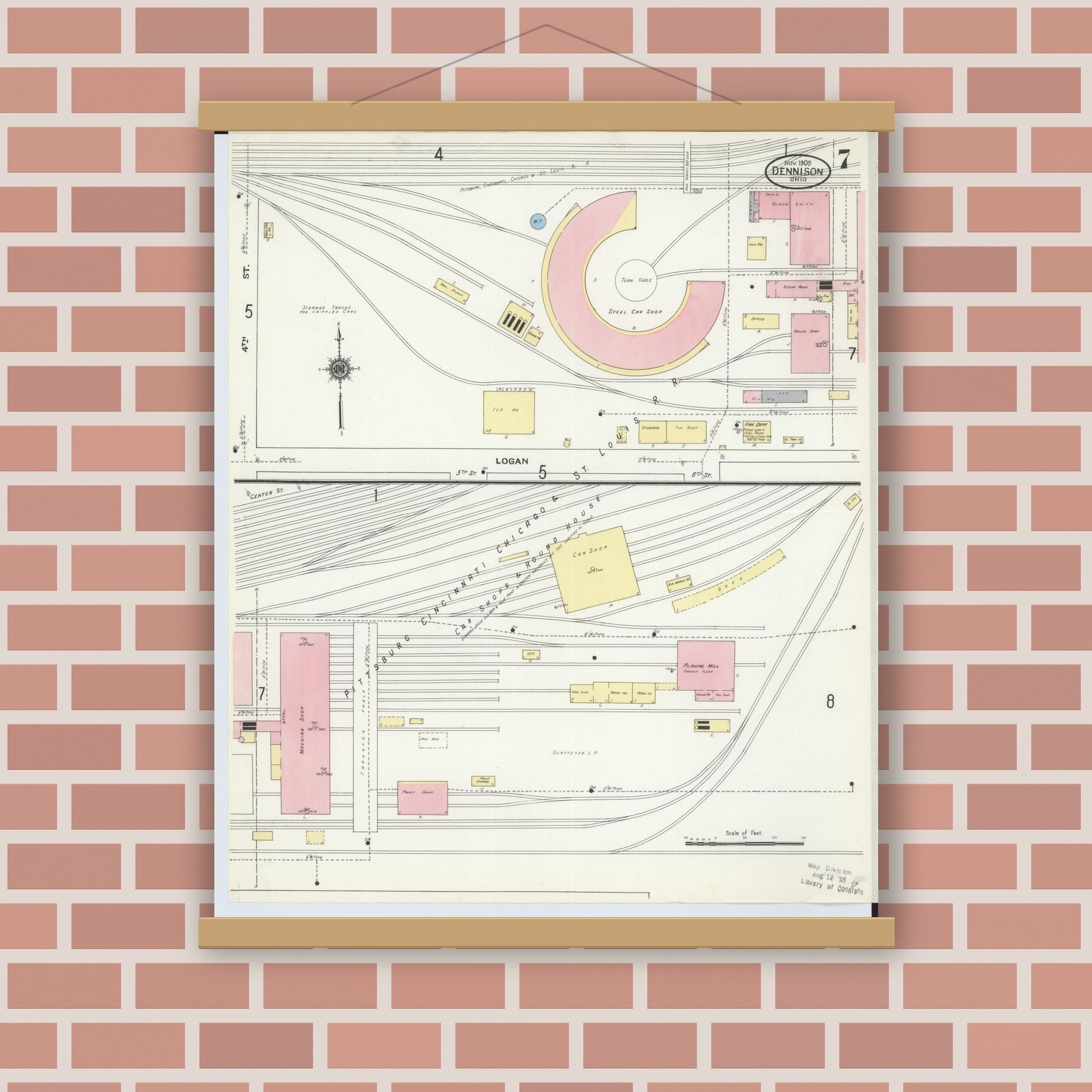 Old map wall art mockup — magnetic wood frame on brick wall — Sanborn Fire Insurance Map from Dennison, Tuscarawas County, Ohio (1909), Sheet #0007