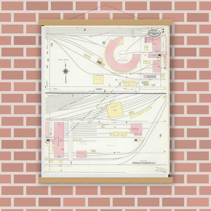 Old map wall art mockup — magnetic wood frame on brick wall — Sanborn Fire Insurance Map from Dennison, Tuscarawas County, Ohio (1909), Sheet #0007