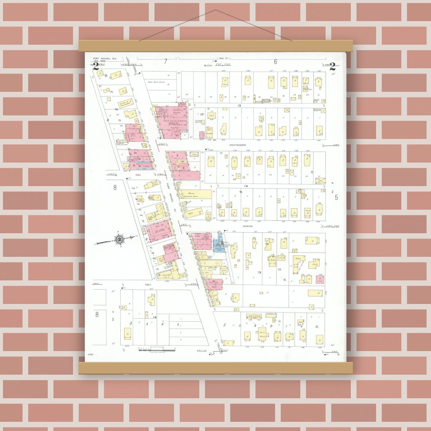 Old map wall art mockup — magnetic wood frame on brick wall — Sanborn Fire Insurance Map from Port Neches, Jefferson County, Texas (1949), Sheet #0002
