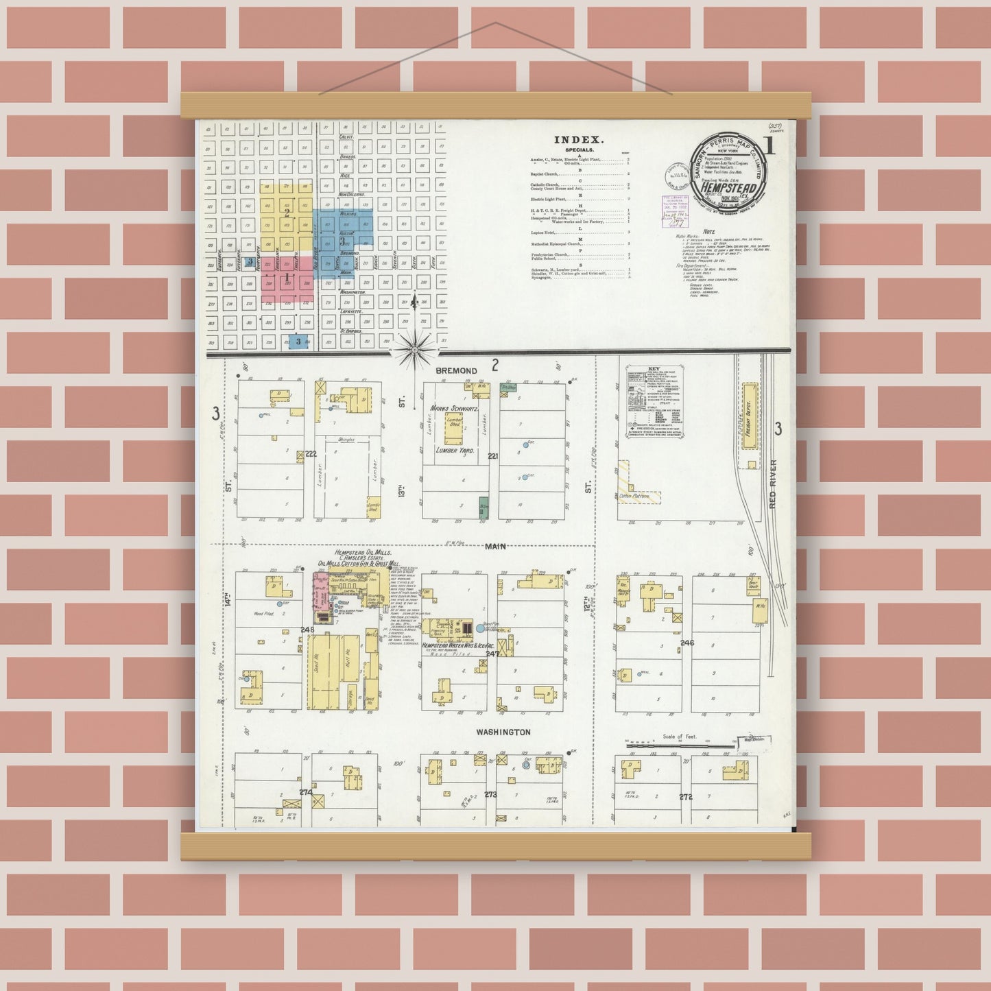 Old map wall art mockup — magnetic wood frame on brick wall — Sanborn Fire Insurance Map from Hempstead, Waller County, Texas (1901) - Complete Map Set
