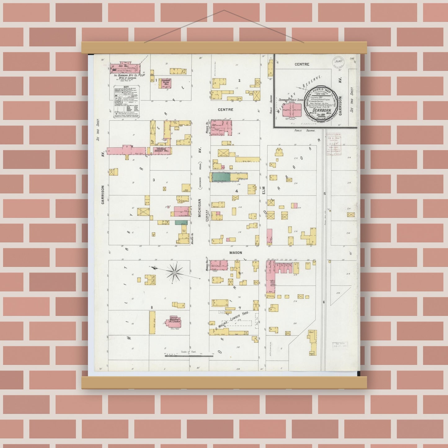 Old map wall art mockup — magnetic wood frame on brick wall — Sanborn Fire Insurance Map from Dearborn, Wayne County, Michigan (1899), Sheet #0001