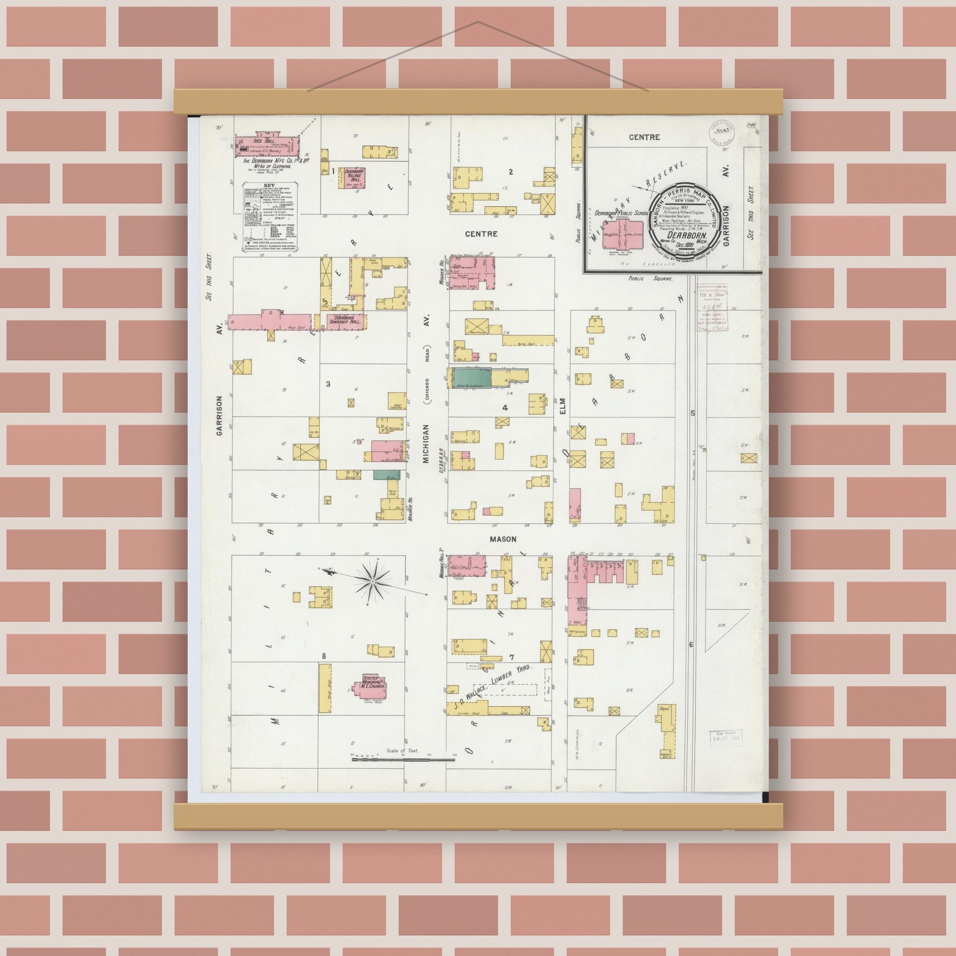 Old map wall art mockup — magnetic wood frame on brick wall — Sanborn Fire Insurance Map from Dearborn, Wayne County, Michigan (1899), Sheet #0001