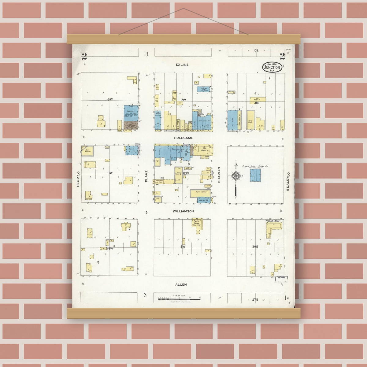 Old map wall art mockup — magnetic wood frame on brick wall — Sanborn Fire Insurance Map from Junction, Kimble County, Texas (1926), Sheet #0002