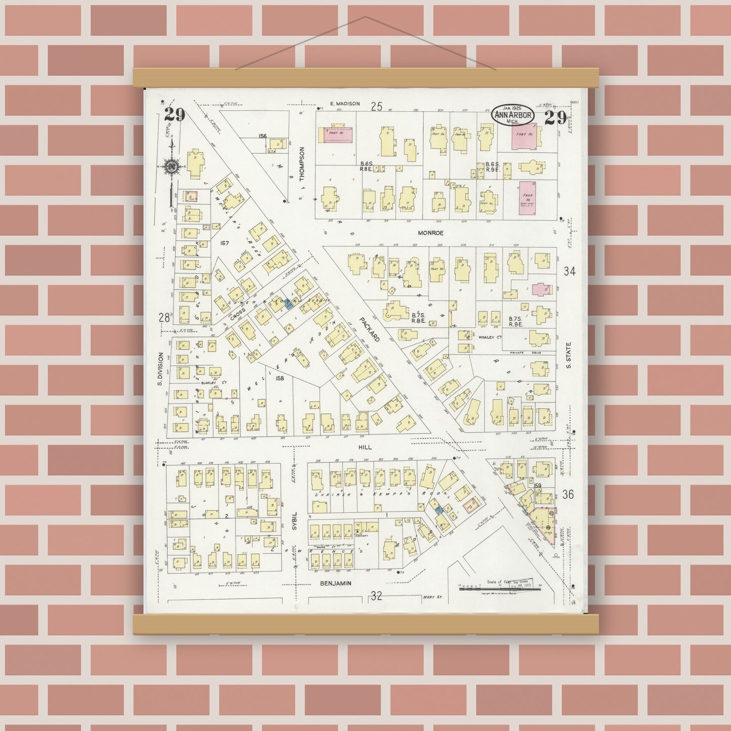 Old map wall art mockup — magnetic wood frame on brick wall — Sanborn Fire Insurance Map from Ann Arbor, Washtenaw County, Michigan (1925), Sheet #0029