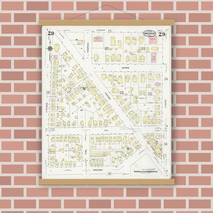 Old map wall art mockup — magnetic wood frame on brick wall — Sanborn Fire Insurance Map from Ann Arbor, Washtenaw County, Michigan (1925), Sheet #0029
