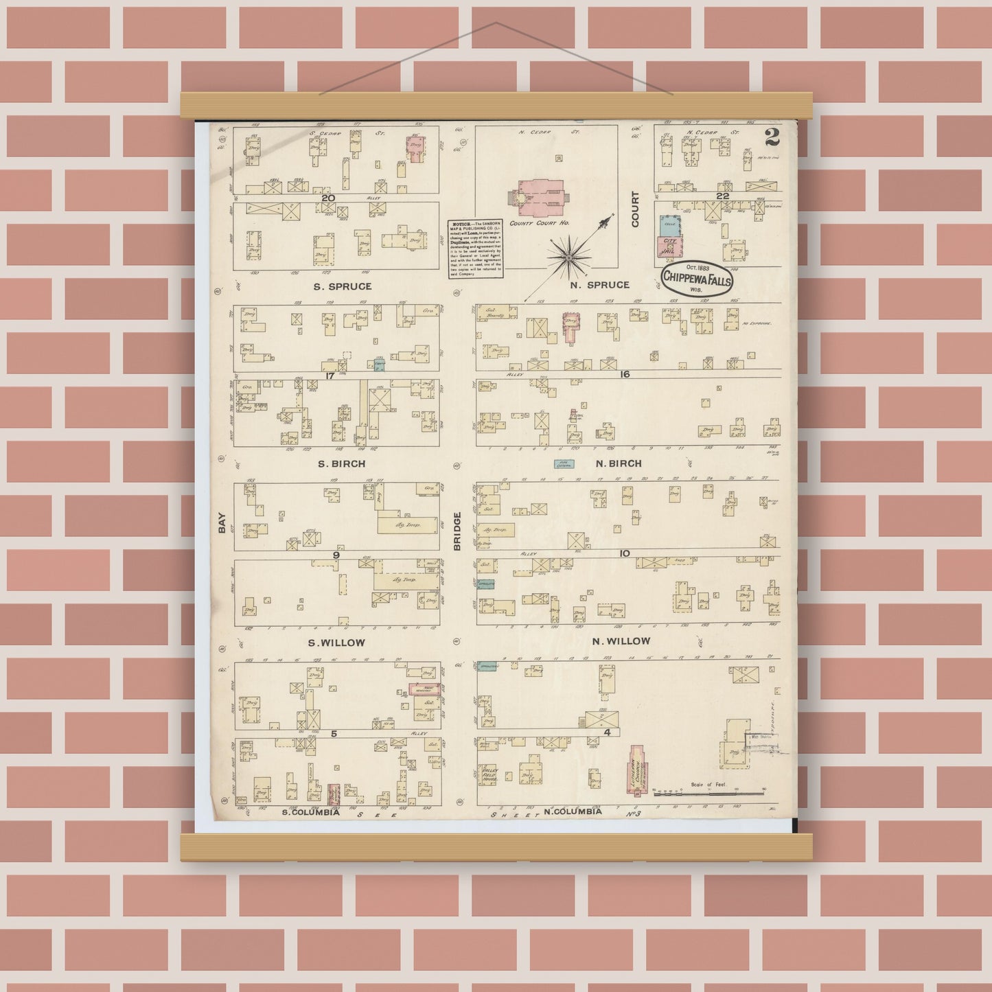 Old map wall art mockup — magnetic wood frame on brick wall — Sanborn Fire Insurance Map from Chippewa Falls, Chippewa County, Wisconsin (1883), Sheet #0002