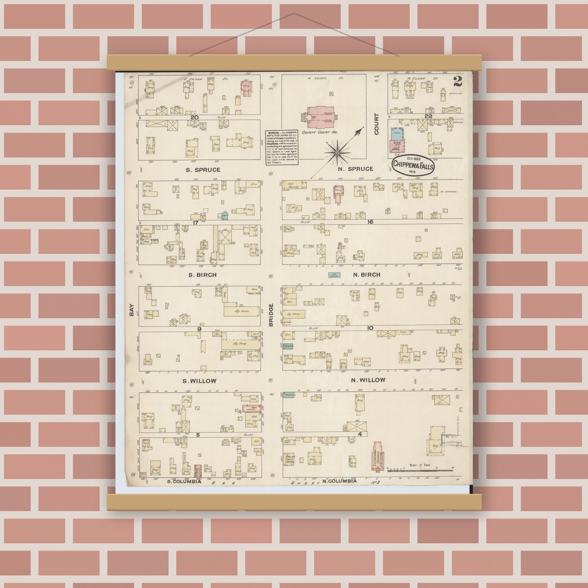 Old map wall art mockup — magnetic wood frame on brick wall — Sanborn Fire Insurance Map from Chippewa Falls, Chippewa County, Wisconsin (1883), Sheet #0002