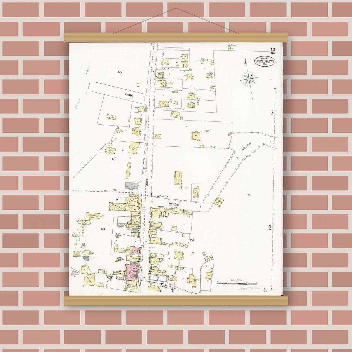 Old map wall art mockup — magnetic wood frame on brick wall — Sanborn Fire Insurance Map from Jamestown, Tuolumne County, California (1908), Sheet #0002