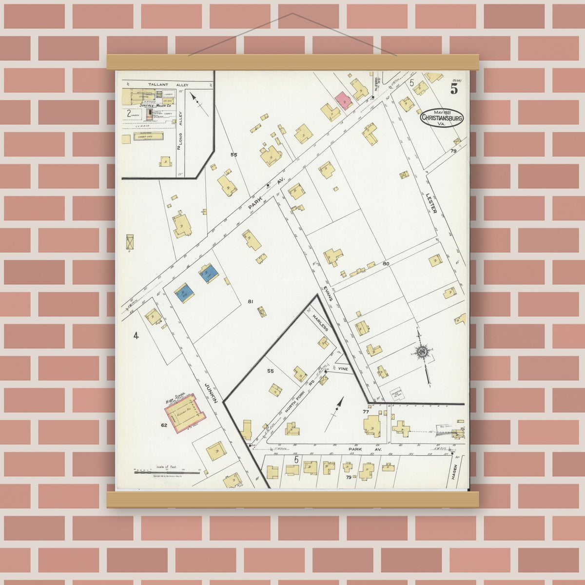 Old map wall art mockup — magnetic wood frame on brick wall — Sanborn Fire Insurance Map from Christiansburg, Montgomery County, Virginia (1921), Sheet #0005