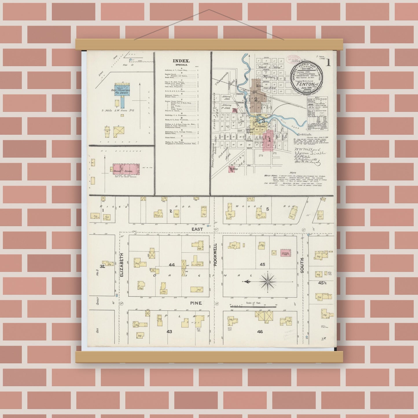 Old map wall art mockup — magnetic wood frame on brick wall — Sanborn Fire Insurance Map from Fenton, Genesee County, Michigan (1890), Sheet #0001