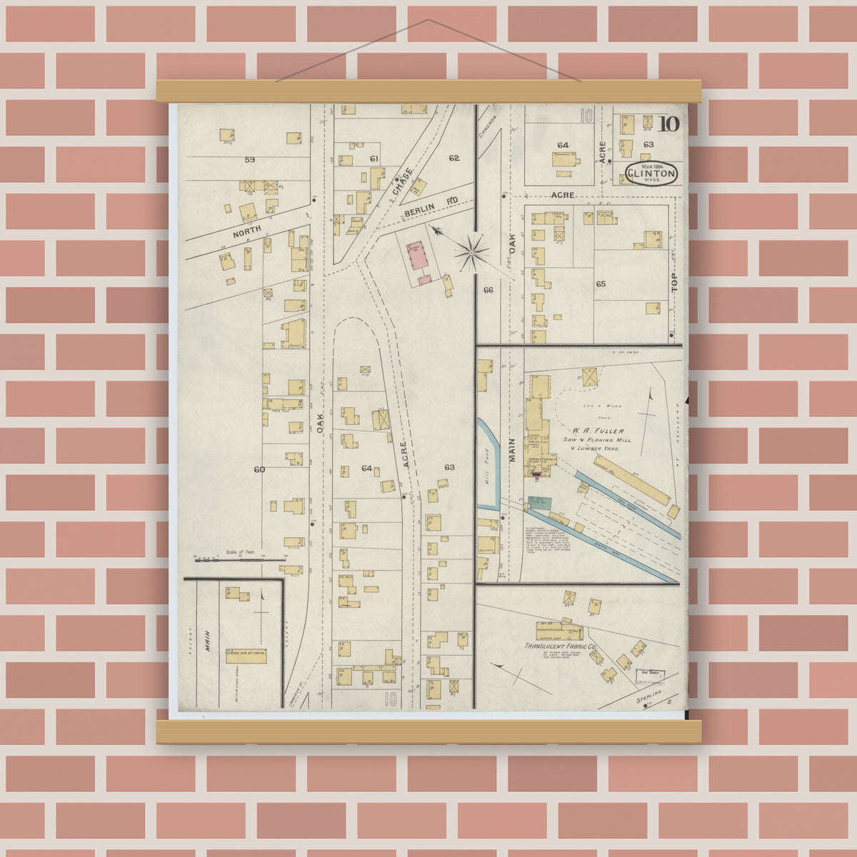 Old map wall art mockup — magnetic wood frame on brick wall — Sanborn Fire Insurance Map from Clinton, Worcester County, Massachusetts (1894), Sheet #0010