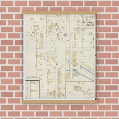 Old map wall art mockup — magnetic wood frame on brick wall — Sanborn Fire Insurance Map from Clinton, Worcester County, Massachusetts (1894), Sheet #0010