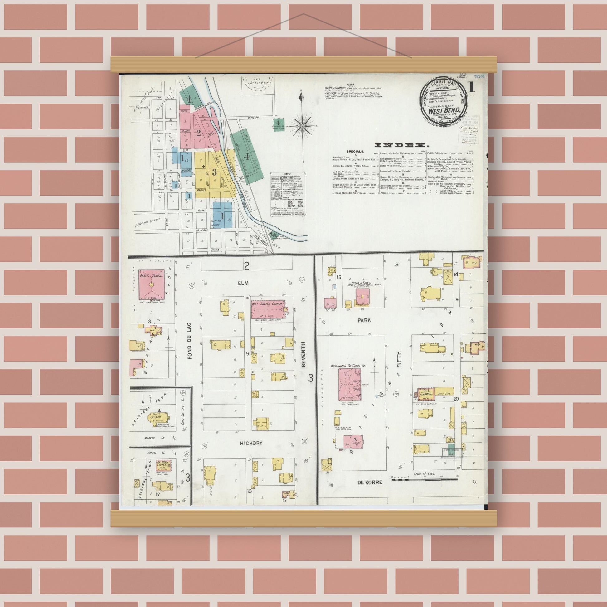 Old map wall art mockup — magnetic wood frame on brick wall — Sanborn Fire Insurance Map from West Bend, Washington County, Wisconsin (1900) - Complete Map Set