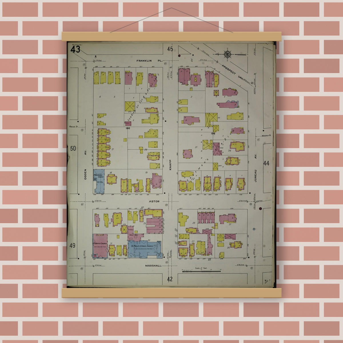 Old map wall art mockup — magnetic wood frame on brick wall — Sanborn Fire Insurance Map from Milwaukee, Milwaukee County, Wisconsin (1910), Sheet #0043