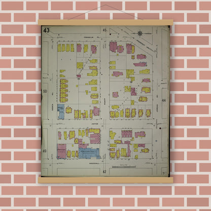 Old map wall art mockup — magnetic wood frame on brick wall — Sanborn Fire Insurance Map from Milwaukee, Milwaukee County, Wisconsin (1910), Sheet #0043