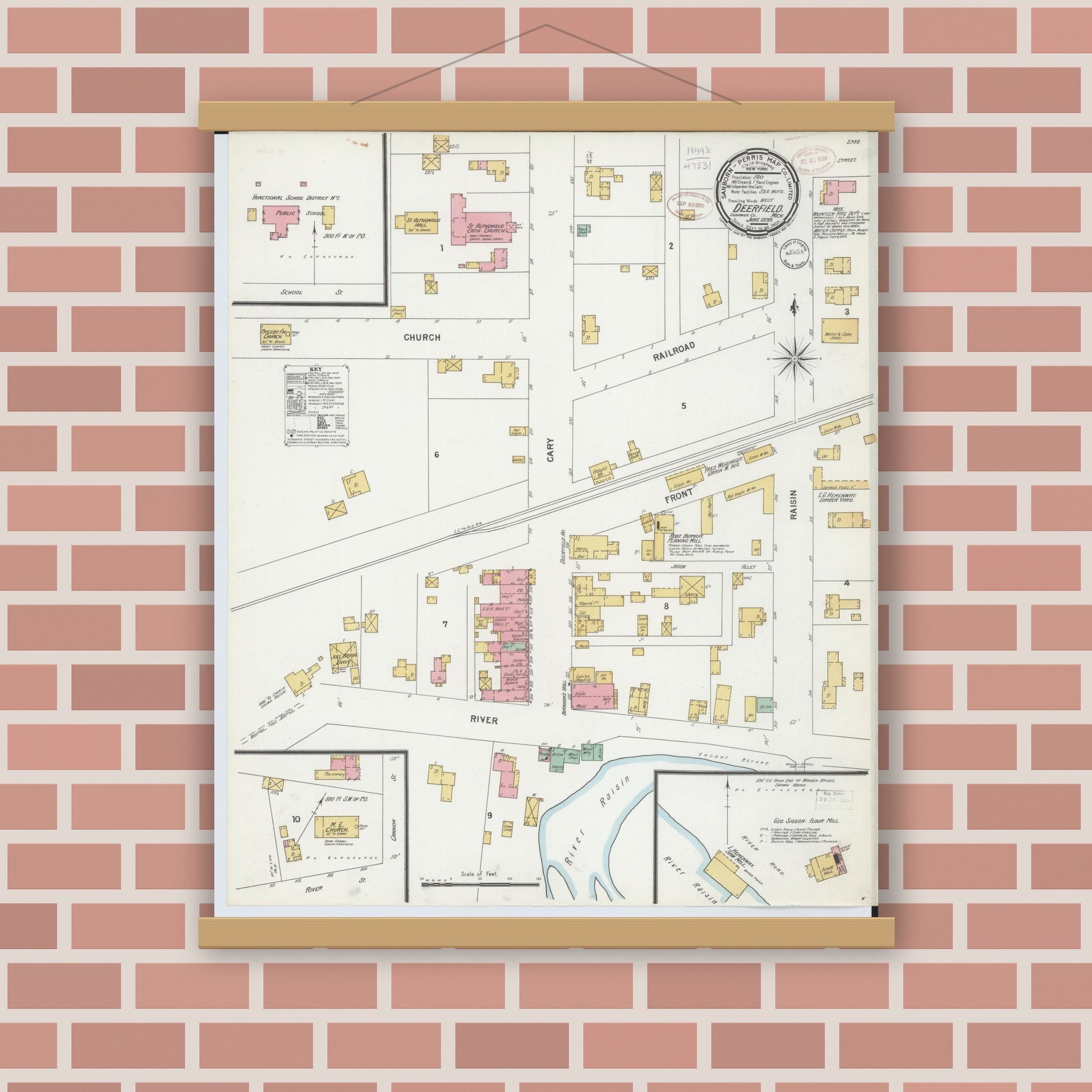 Old map wall art mockup — magnetic wood frame on brick wall — Sanborn Fire Insurance Map from Deerfield, Lenawee County, Michigan (1899), Sheet #0001