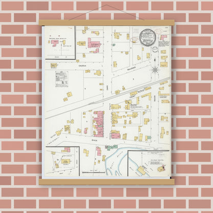 Old map wall art mockup — magnetic wood frame on brick wall — Sanborn Fire Insurance Map from Deerfield, Lenawee County, Michigan (1899), Sheet #0001