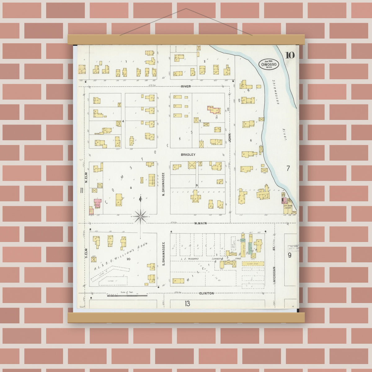 Old map wall art mockup — magnetic wood frame on brick wall — Sanborn Fire Insurance Map from Owosso, Shiawassee County, Michigan (1900), Sheet #0010
