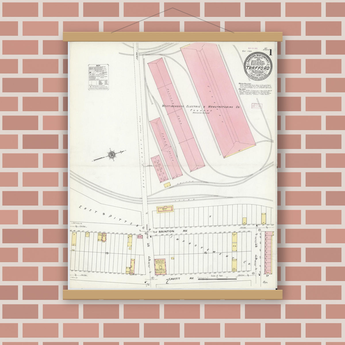 Old map wall art mockup — magnetic wood frame on brick wall — Sanborn Fire Insurance Map from Trafford, Westmoreland County, Pennsylvania (1909) - Complete Map Set