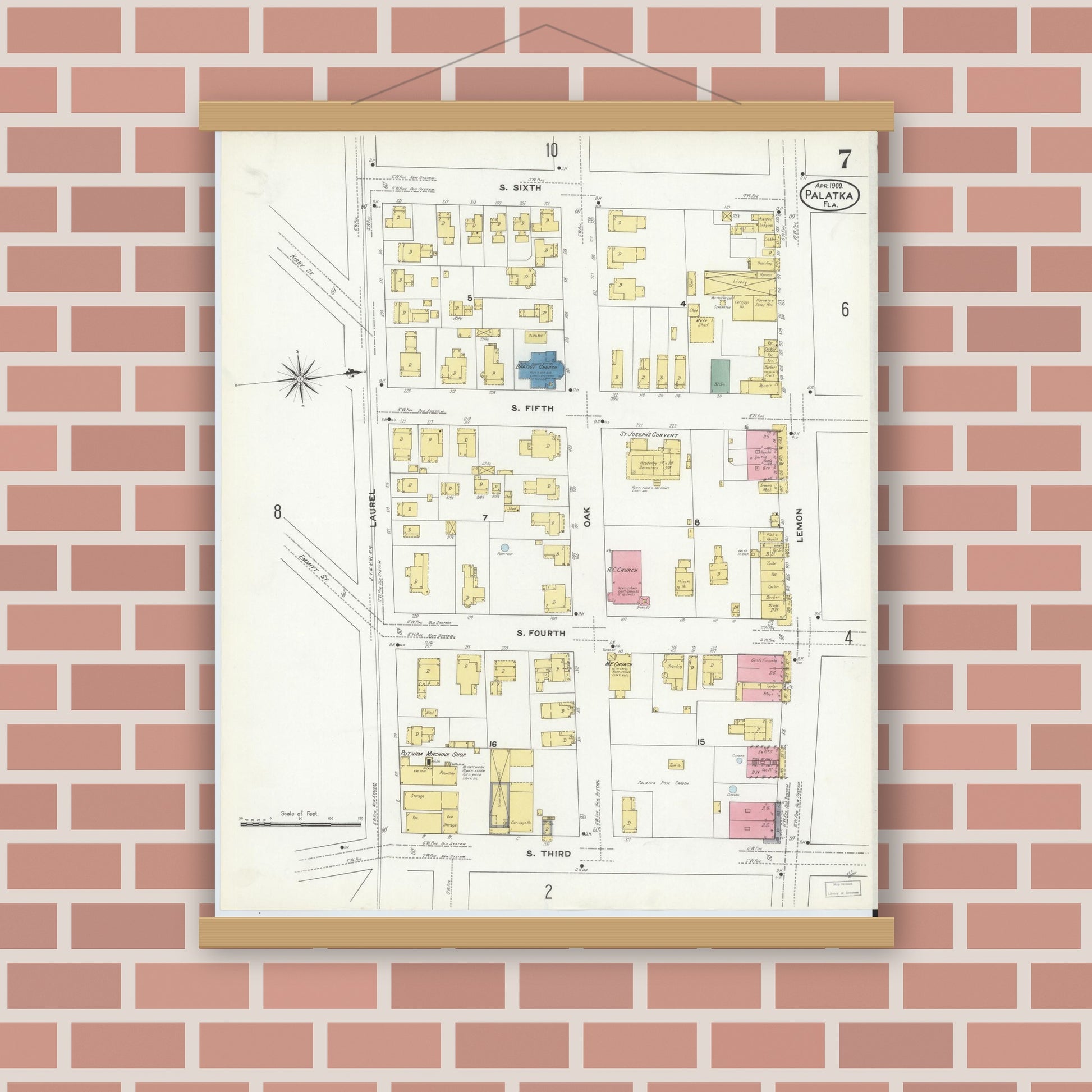 Old map wall art mockup — magnetic wood frame on brick wall — Sanborn Fire Insurance Map from Palatka, Putnam County, Florida (1909), Sheet #0007