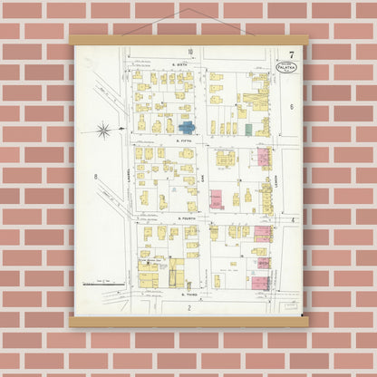 Old map wall art mockup — magnetic wood frame on brick wall — Sanborn Fire Insurance Map from Palatka, Putnam County, Florida (1909), Sheet #0007