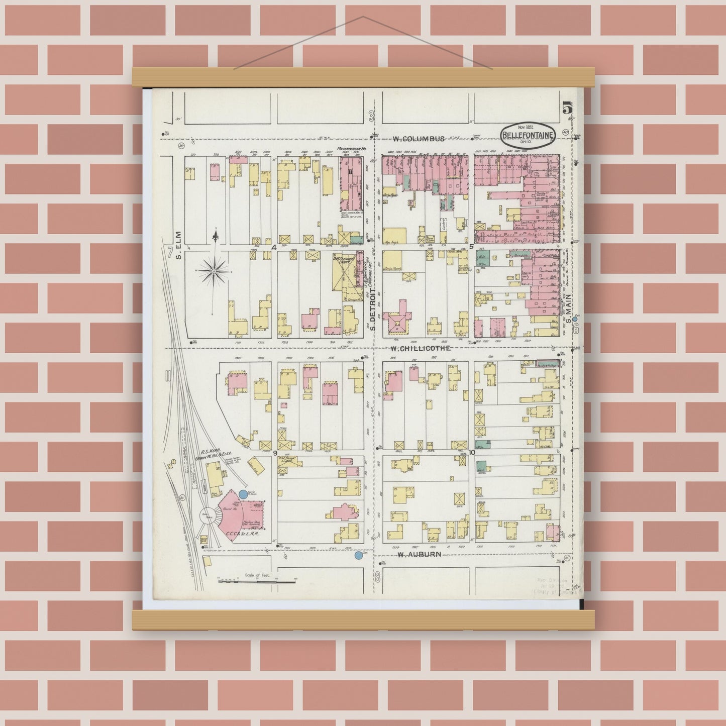 Old map wall art mockup — magnetic wood frame on brick wall — Sanborn Fire Insurance Map from Bellefontaine, Logan County, Ohio (1892), Sheet #0005