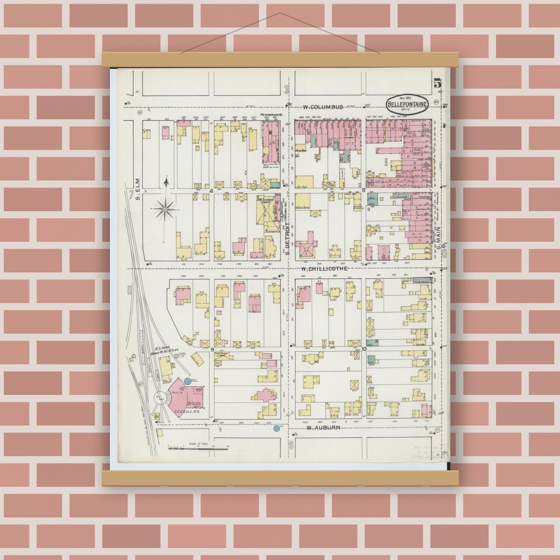 Old map wall art mockup — magnetic wood frame on brick wall — Sanborn Fire Insurance Map from Bellefontaine, Logan County, Ohio (1892), Sheet #0005