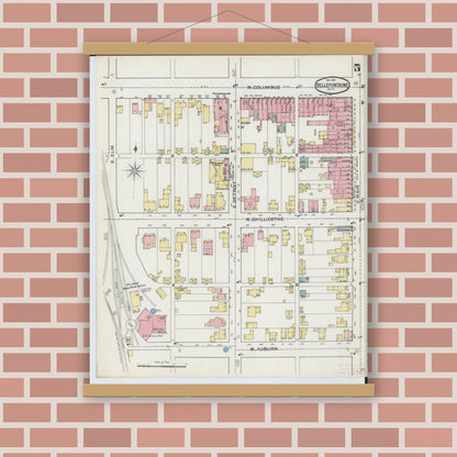 Old map wall art mockup — magnetic wood frame on brick wall — Sanborn Fire Insurance Map from Bellefontaine, Logan County, Ohio (1892), Sheet #0005