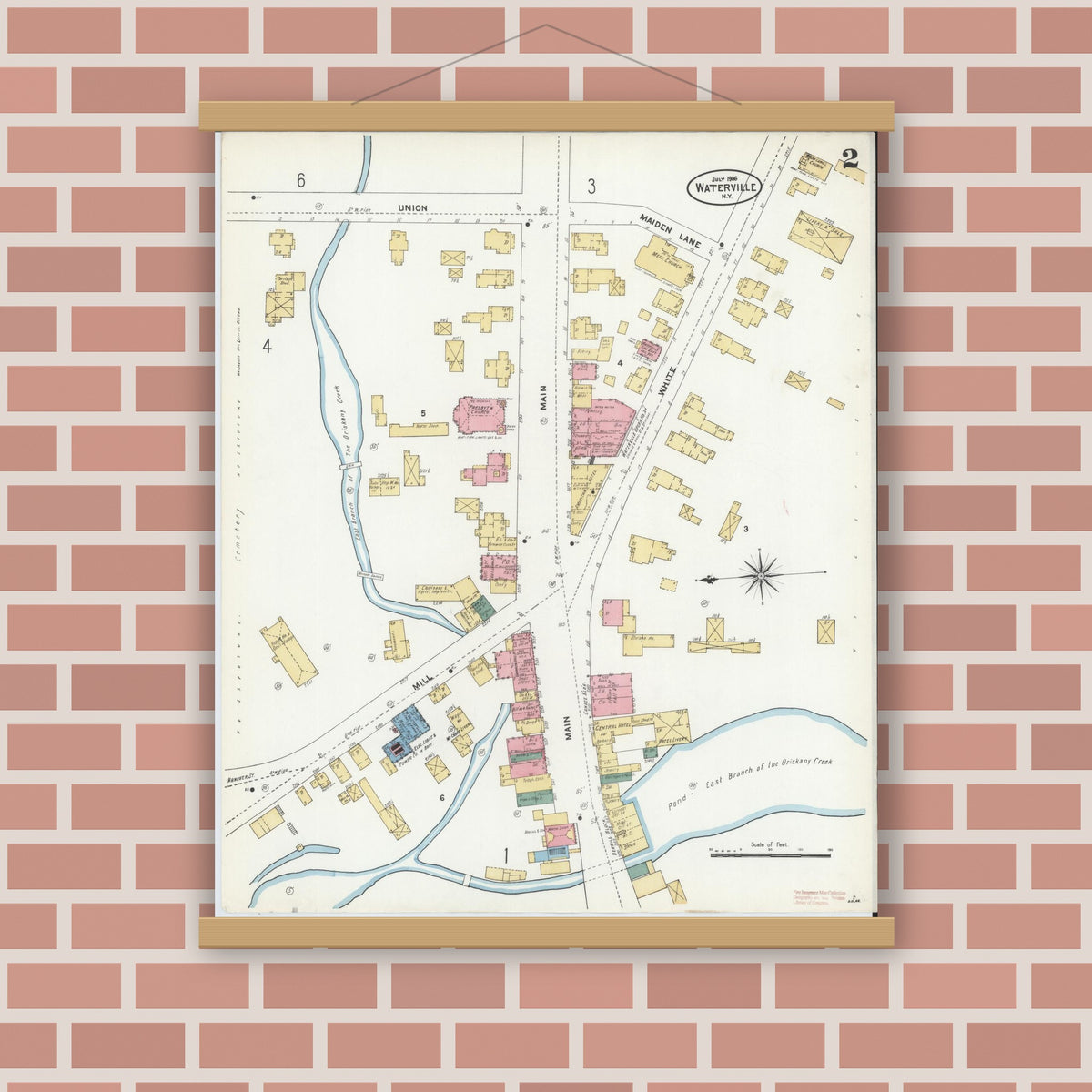 Old map wall art mockup — magnetic wood frame on brick wall — Sanborn Fire Insurance Map from Waterville, Oneida County, New York (1906), Sheet #0002