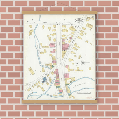 Old map wall art mockup — magnetic wood frame on brick wall — Sanborn Fire Insurance Map from Waterville, Oneida County, New York (1906), Sheet #0002