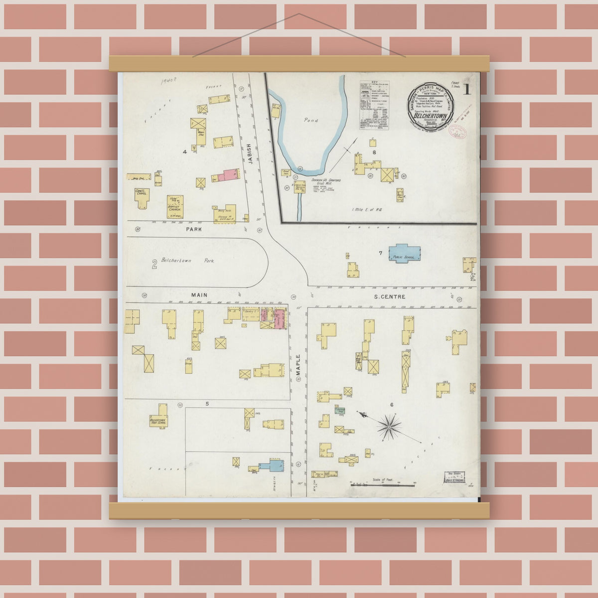 Old map wall art mockup — magnetic wood frame on brick wall — Sanborn Fire Insurance Map from Belchertown, Hampshire County, Massachusetts (1895), Sheet #0001