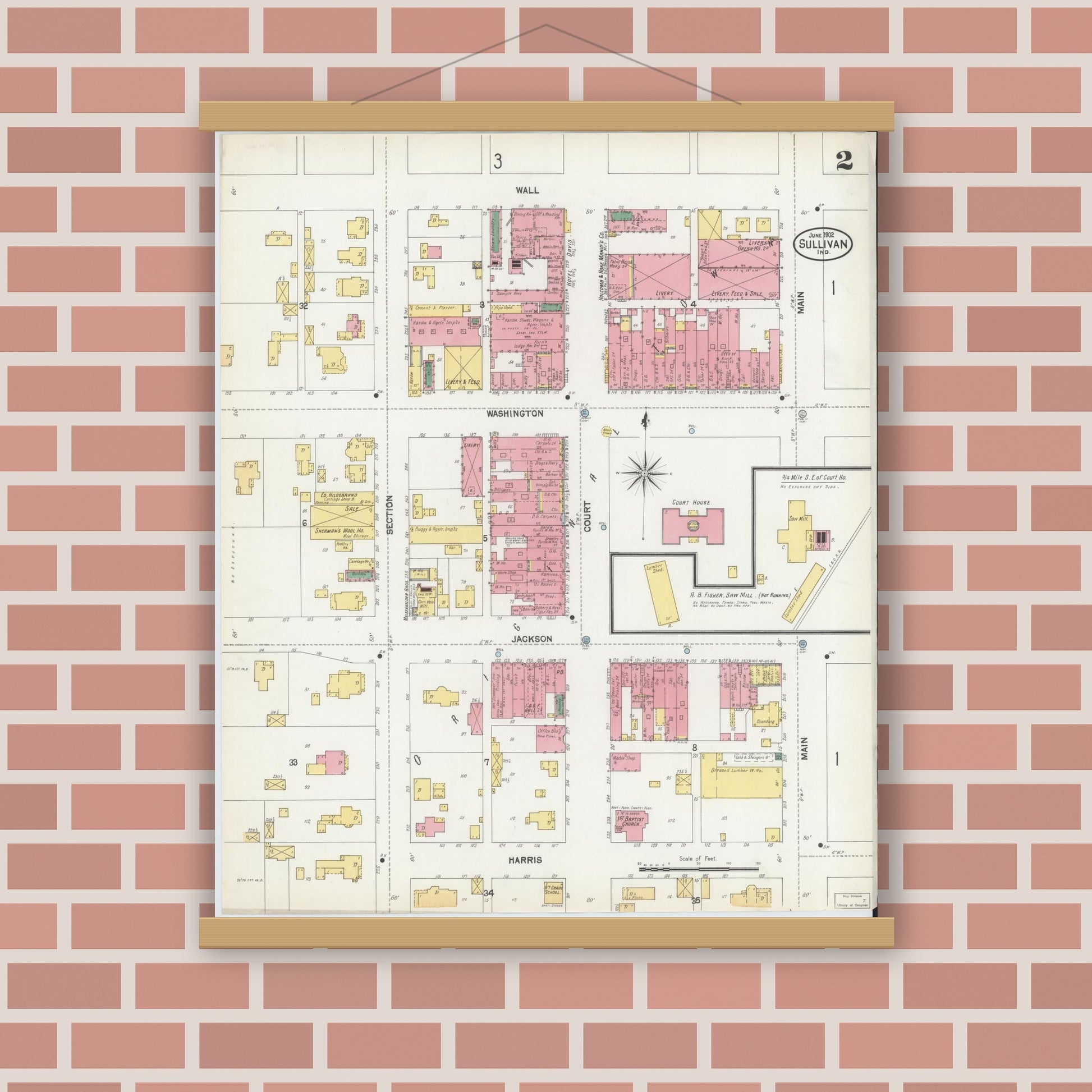 Old map wall art mockup — magnetic wood frame on brick wall — Sanborn Fire Insurance Map from Sullivan, Sullivan County, Indiana (1902), Sheet #0002