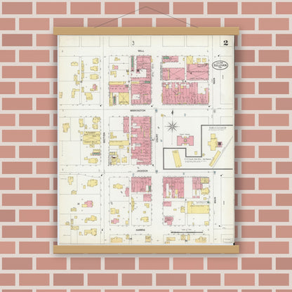 Old map wall art mockup — magnetic wood frame on brick wall — Sanborn Fire Insurance Map from Sullivan, Sullivan County, Indiana (1902), Sheet #0002