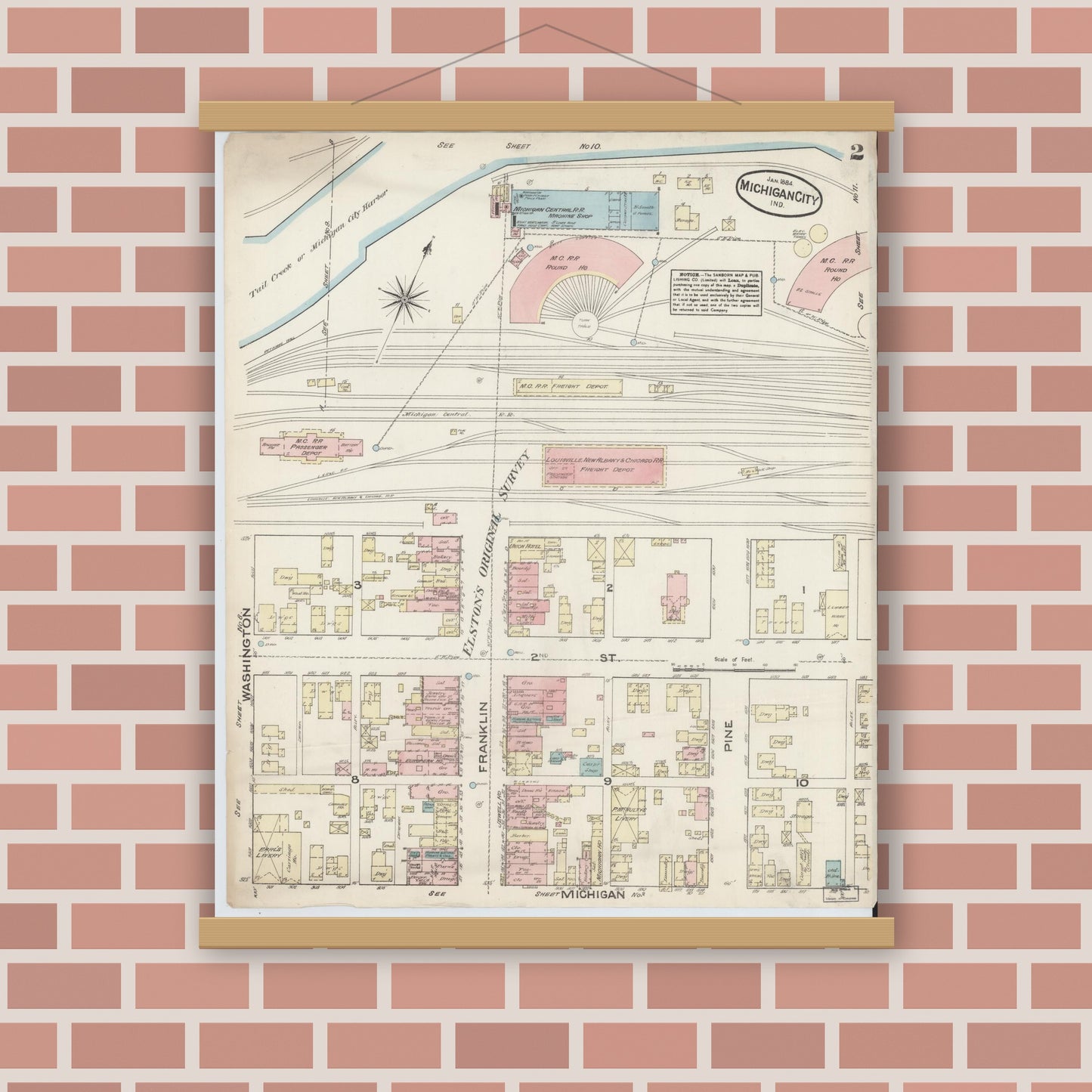 Old map wall art mockup — magnetic wood frame on brick wall — Sanborn Fire Insurance Map from Michigan City, La Porte  County, Indiana (1884), Sheet #0002